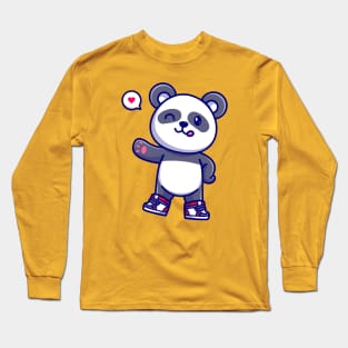 Cute Panda Wearing Shoes And Waving Hand Cartoon Long Sleeve T-Shirt